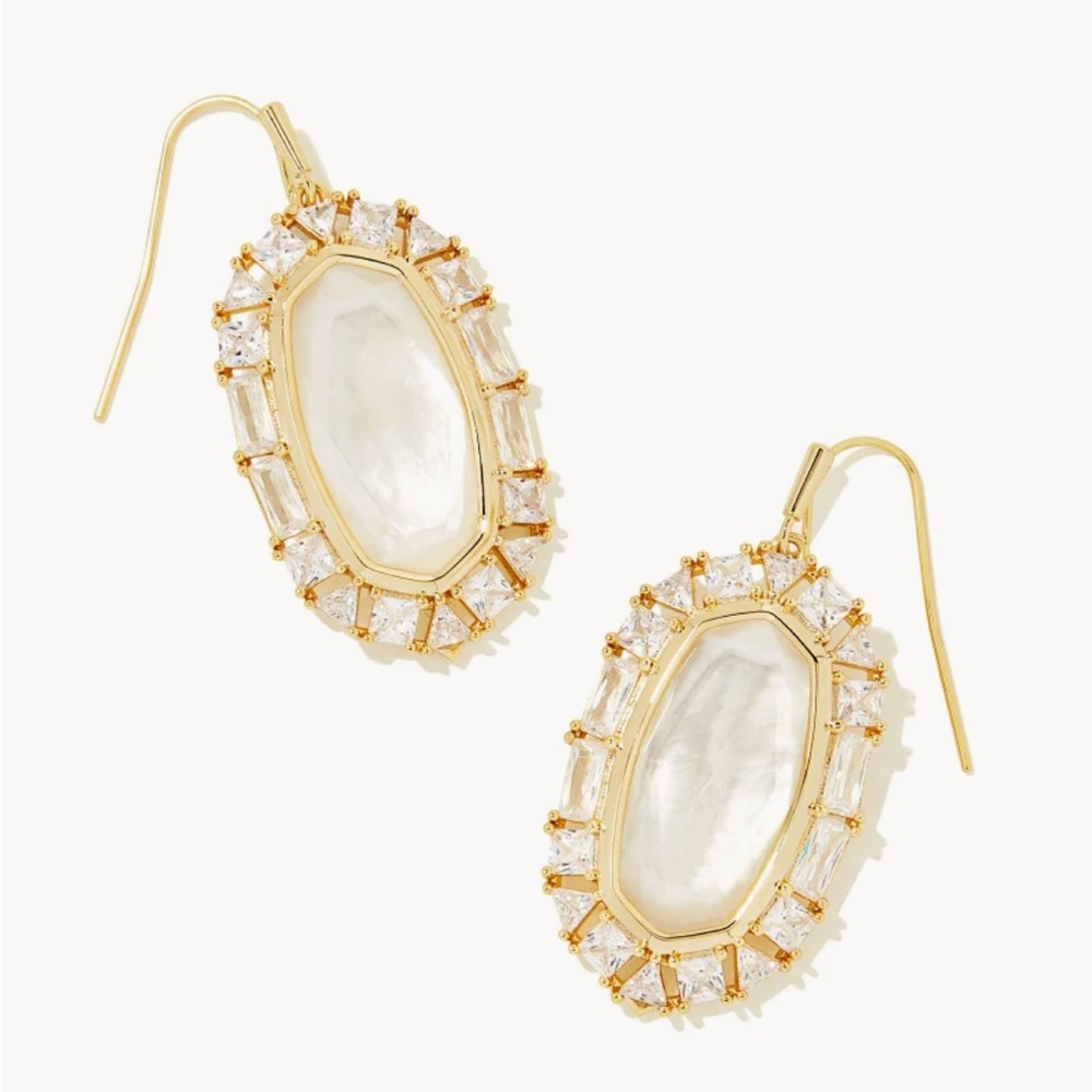 Kendra Scott Elle Gold Crystal Frame Drop Earrings in Ivory Mother-of- Pearl